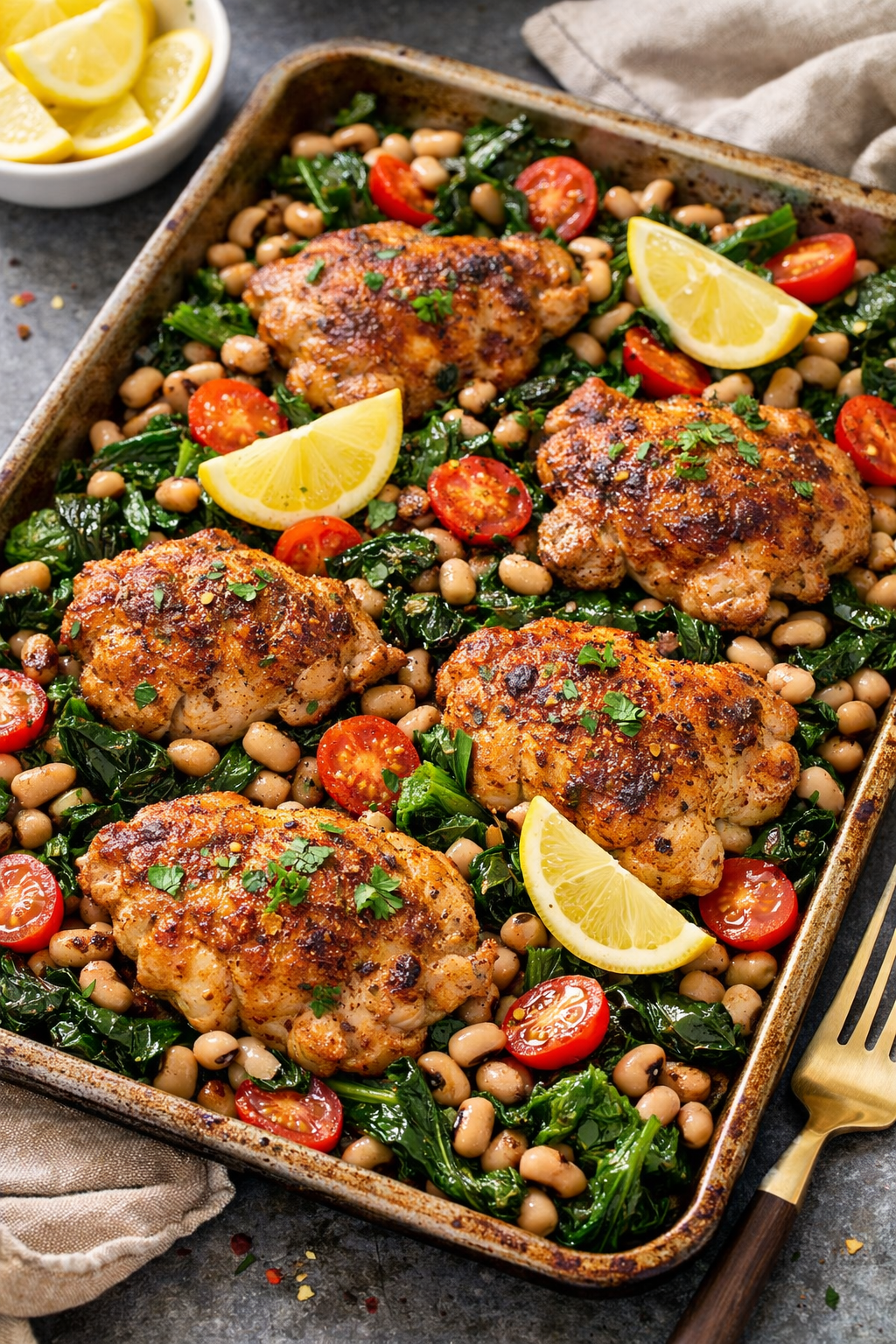 One-Pan New Year’s Chicken, Greens &amp; Black-Eyed Peas