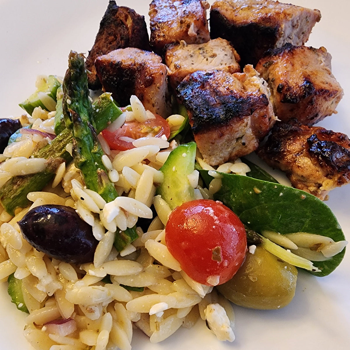 Pork Spiedies w/ Mediterranean Orzo Pasta